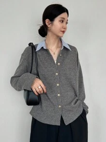FRIFUL Women's Fashion Casual Striped Patchwork Lapel Button Long Sleeve T-Shirt Ribbed Shirt Grey Shirt Long Sleeve Button Up Grey Blouse Collared Shirt,Fall Women Clothes Thin Cardigan