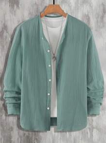 Manfinity Homme 男士纯色纹理休闲度假长袖衬衫，男士休闲衬衫，适合秋季 - 橄欖綠 - 查看 4