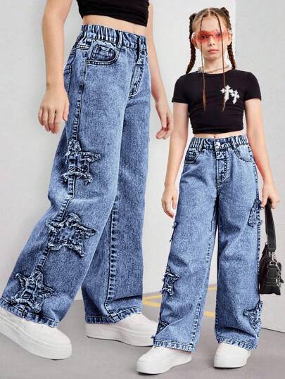 SHEIN Streecool Kids Tween Girls Y2K Style Pink Embroidered Star Denim Wide Leg Pants, Fashionable Streetwear Casual Versatile Chic Girls Must-Have Item, Suitable For All Seasons Fall Winter