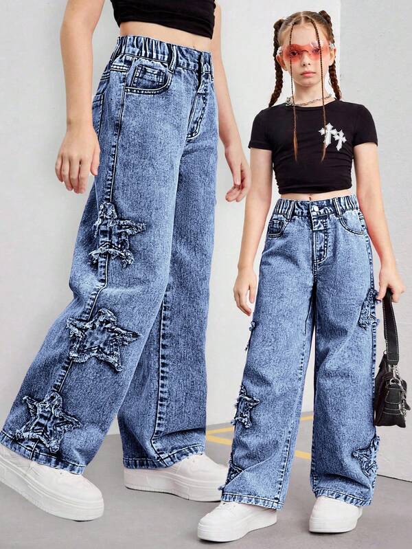 SHEIN Streecool Kids Pantalones vaqueros de pierna ancha con bordado de estrella rosa estilo Y2K para niñas preadolescentes, prenda de vestir casual y versátil de moda, un artículo imprescindible para niñas, adecuado para todas las estaciones
