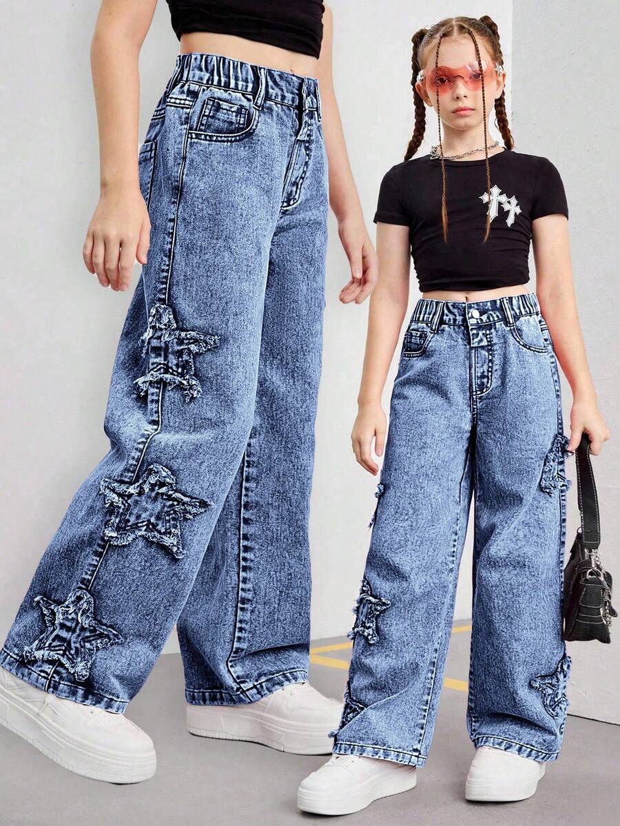 SHEIN Streecool Kids Tween Girls Y2K Style Pink Embroidered Star Denim Wide Leg Pants, Fashionable Streetwear Casual Versatile Chic Girls Must-Have Item, Suitable For All Seasons Fall Winter - Dark Wash - View 1