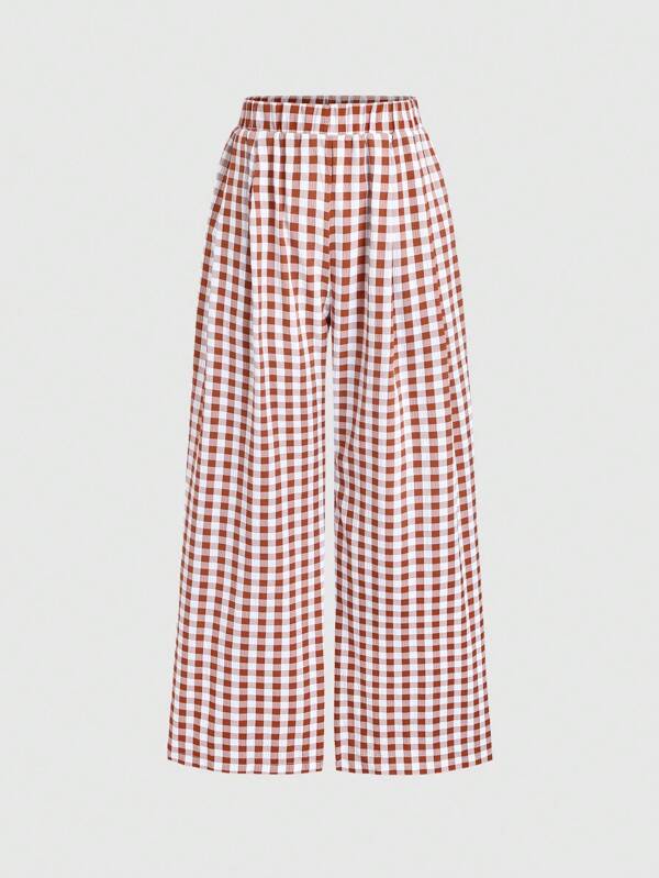 Sweetra Pantalones casuales sueltos de mujer con cintura elástica, plisados y pernera ancha a cuadros
