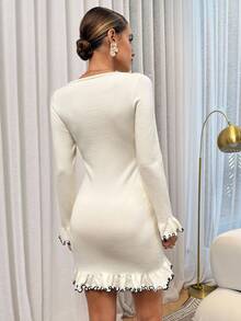 Lavishia 女式优雅拼色荷叶边下摆修身针织连衣裙，秋冬 - 白色 - 查看 2
