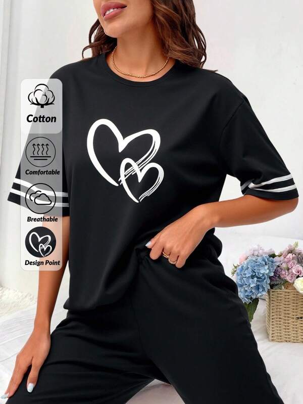 Conjunto de pijama feminino plus size 2 peças, camisa e calça de manga curta com estampa de coração listrada