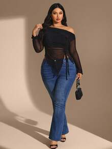 Hourglow Damen Große Größen Mesh Schleife Bluse, elegantes Sommerurlaubs-Outfit, geeignet für Valentinstag, Geburtstag - Schwarz - Übersicht 5