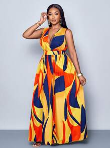 SOLERSUN 女式加大码简约日常全身印花深 V 领无袖长裙（随机印花） - 彩色 - 查看 5