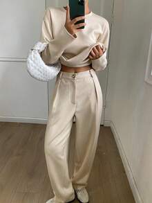 DAZY Women's Casual Solid Color Round Neck Top And 3/4 Pants 2 Pieces Set, Autumn,Fall Women Clothes Tracksuits Women Set Lounge Sets For Women - Apricot - View 4