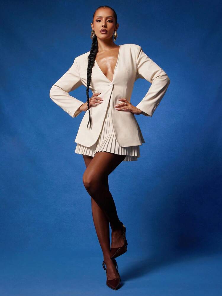 NYA SZN 上衣长袖西装外套，深 V 领，纽扣设计，端庄正式，宽松合身，商务休闲职业装，日常休闲婚礼宾客新娘派对服装，女士 - 白色 - 查看 6