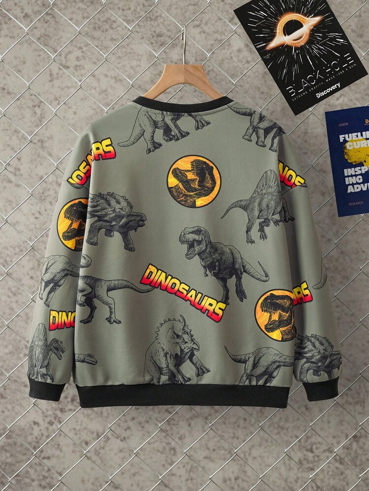 Discovery X SHEIN Sudadera holgada de cuello redondo de punto de canalé con contraste de dinosaurio de dibujos animados para niño preadolescente - Verde militar - Añade 2