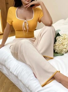 Y2K Women's Contrast Trim Yellow Short Sleeve Top And Pants Loungewear Set - Orange - View 1