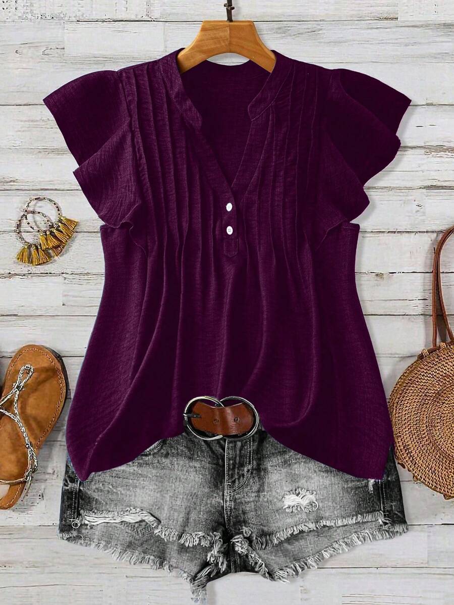 Linhara 大码女式 LUNE 纽扣装饰休闲节日衬衫 - 紫色 - 查看 1