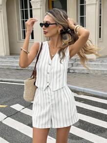 Serisse Women Striped Sleeveless Vest And Shorts Suit In Fall/Winter White