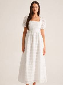 GENKIRA Fashionable & Elegant Fringed Crochet Fabric Square Collar Short Sleeve Dress, Early Autumn - White - View 6