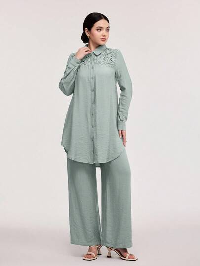 Veilorie 2pcs/Set Women Solid Color Long Sleeve Shirt And Pants Casual