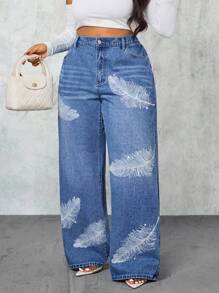 SHEIN PETITE Women's Casual Washed Feather Print Rhinestone Embellished Jeans - Blue - View 10