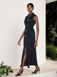Maija 女士纯色翻领双排扣腰带前襟无袖长款连衣裙背心式礼服纽扣连衣裙燕尾服式礼服女士船长晚宴礼服 - 藏蓝色 - 查看 3