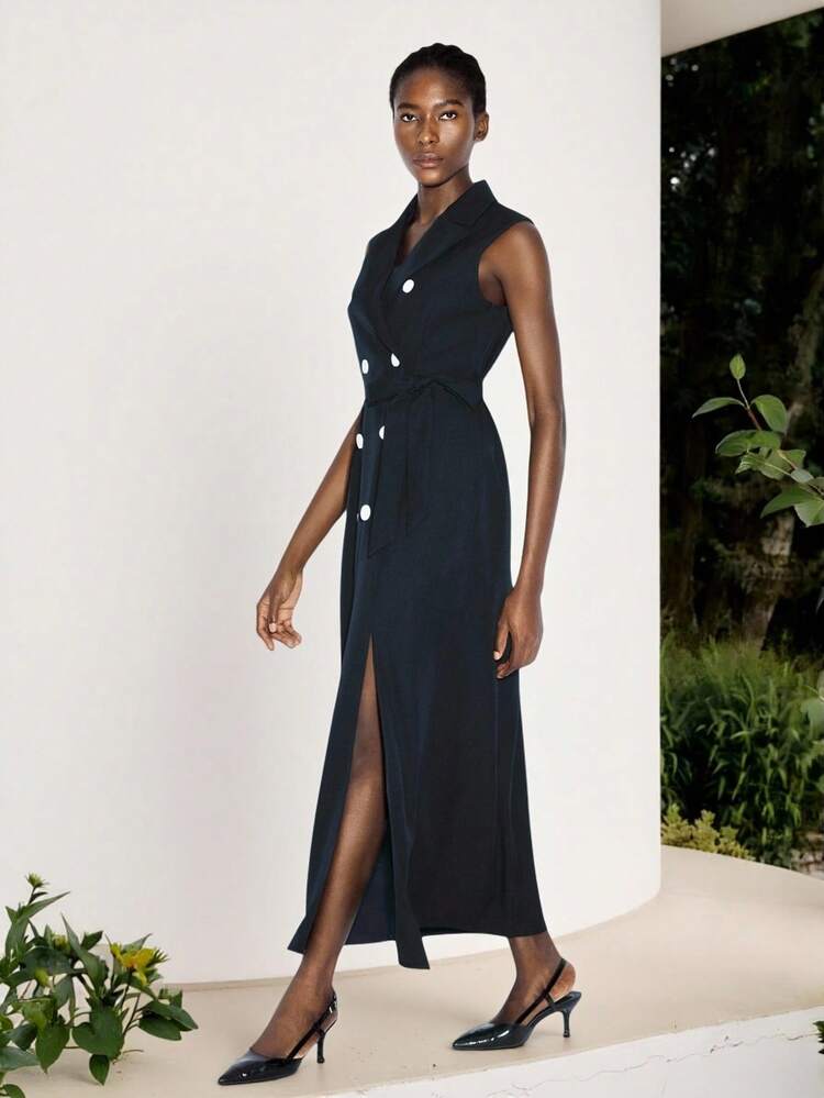 Maija 女士纯色翻领双排扣腰带前襟无袖长款连衣裙背心式礼服纽扣连衣裙燕尾服式礼服女士船长晚宴礼服 - 藏蓝色 - 查看 3