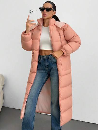EURMUSE Pinky Color Long Puffer Jacket For Women, Ultra Soft Winter Coat Hooded, Waterproof And Windproof, Ladies Warm Winter Jacket, Pocket And Zipper Detailed Women Hooded Puffer Jackets Women Puffer Jackets Women Winter Coats Long Puffer Coat Women Pink Puffer Jacket Women Women Outerwear Winter Jackets Women