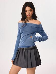 Rivivi 女式露肩长袖修身牛仔衬衫 - 淺色水洗藍 - 查看 8