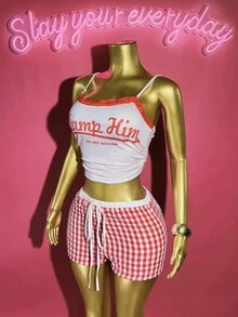 SHEIN Slayr 2025年夏季新款音乐节、生日派对、毕业季、学生日常穿着、休闲、度假、邮轮旅行、海滩、日光浴、病毒式蕾丝花边吊带背心和格子短裤两件套女士套装，粉色 - 粉色 - 查看 3