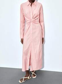 Maija 长袖连衣裙，腰部打结，衬衫领，单排扣设计，褶皱腰身，适合音乐节、复活节、都市商务休闲场合，秋冬 - 粉色 - 查看 5