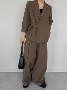 FRIFUL 女士纯棕色休闲商务套装，适合秋季穿着 - 咖啡棕 - 查看 2