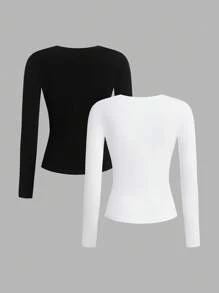 Tseoso 2件黑白休闲长袖修身长T恤套装，适合秋冬季