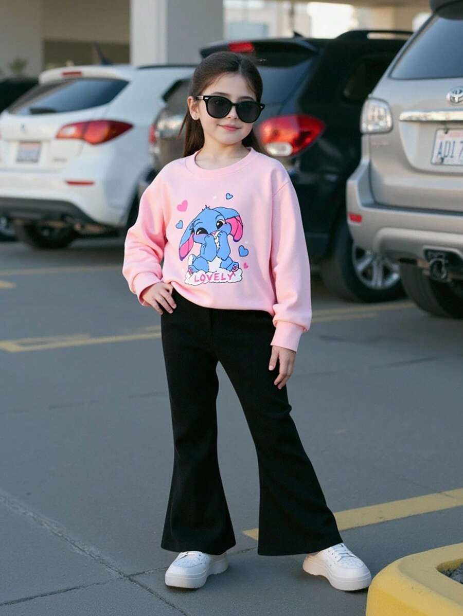 Young Girl Cartoon Print Sweatshirt And Flare Pants Set Fall Winter - Multicolor - View 1