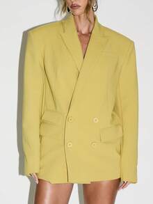 KIZN Áo khoác vest nữ tay dài hai hàng khuy, thiết kế công sở chuyên nghiệp, dáng rộng, ve áo khoét họa tiết, thời trang công sở hiện đại mùa thu đông xuân - gừng - Xem 1