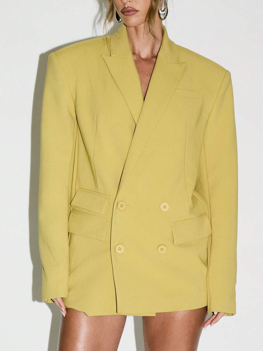 KIZN Áo khoác vest nữ tay dài hai hàng khuy, thiết kế công sở chuyên nghiệp, dáng rộng, ve áo khoét họa tiết, thời trang công sở hiện đại mùa thu đông xuân - gừng - Xem 1