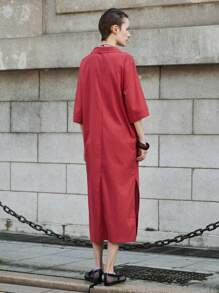 Lumivelle 女士宽松亚麻V领长连衣裙，夏季新款美拉德印花连衣裙，棕色系夏季大学校园服装 - 鏽棕色 - 查看 4