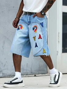 Manfinity EMRG Men's Denim Shorts With Wide Legs And Fun Dopamine Logo, Suitable For Parties And Music Festivals - Light Wash - View 6