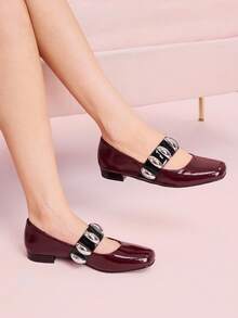 CUCCOO DOLLMOD Zapatos de mujer de tacón bajo con puntera cuadrada roja a cuadros, estilo japonés lindo para el campus - Burdeos - Ver 4