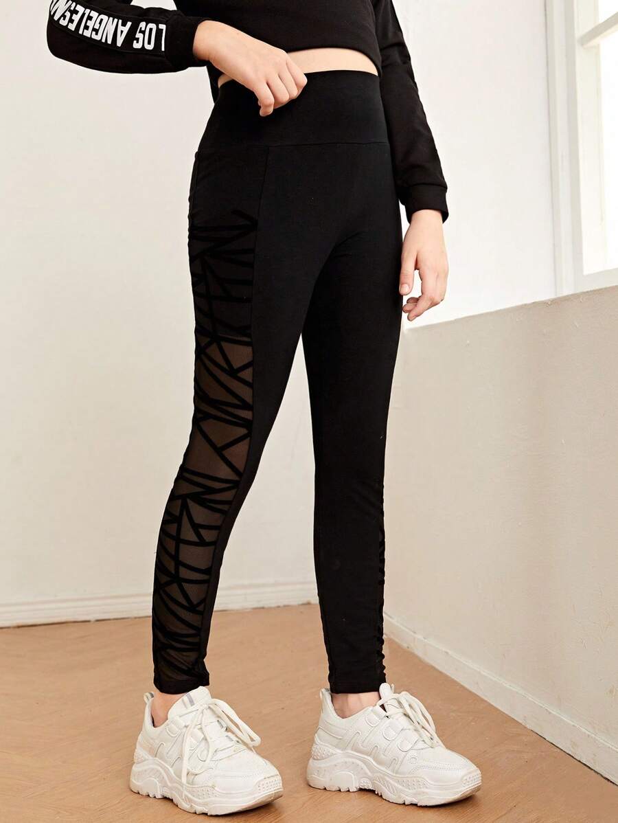 SHEIN Tween Girl Contrast Strappy Mesh High Waist Leggings - Black - View 1