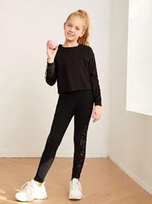 SHEIN Tween Girl Contrast Strappy Mesh High Waist Leggings - Black - View 5