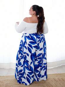 Pretty and Ole Plus Size All-Over Print Belt Tie Waist Wide Leg Pants - Blue - View 2