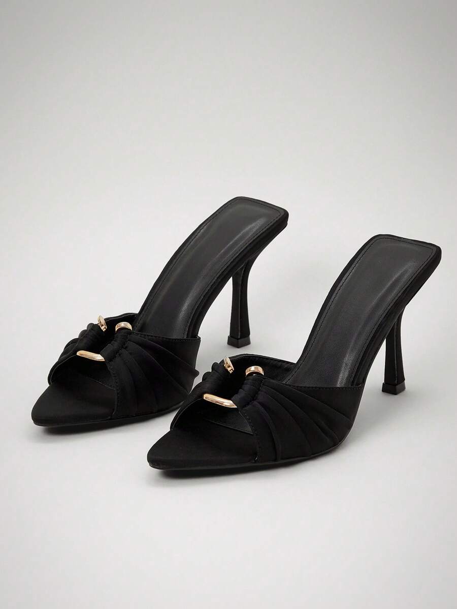 SHUZIA 百搭女士时尚白色切叶圆头细高跟凉鞋夏季春季露跟高跟派对度假舞会婚礼 - 黑色 - 查看 1