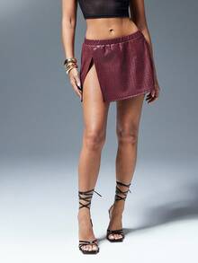 Denimoi Minifalda con abertura alta de piel sintética con patrón tejido, falda de piel sintética, faldas sexy, piel tejida