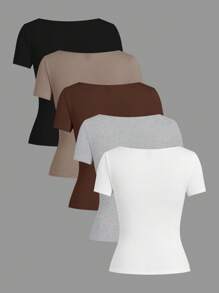 SHEIN EZwear Gói 3 áo thun cổ tròn ôm sát cơ bản dành cho nữ, nhiều màu - Nhiều màu - Xem 2