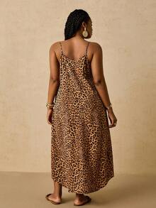 SHEIN VCAY 大码休闲无袖连衣裙，带口袋，宽松中长款复古波西米亚沙滩裙，女式豹纹长裙，秋季户外连衣裙 - 棕色 - 查看 2