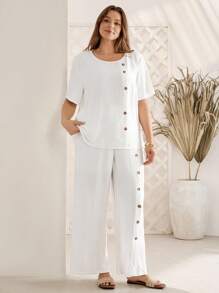 EMERY ROSE 白色两件套女士加大码夏季休闲简约风格纯色短袖圆领衬衫和裤子套装，女士夏季服装，女士度假服装，休闲日常穿着 - 白色 - 查看 5