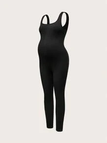 Modmama 2 pièces Ensemble de maternité : Chemise boutonnée à manches longues de couleur unie et pantalon-combinaison, décontracté