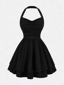 Girlism Váy cổ yếm xếp tầng bèo nhún trơn màu dành cho bé gái tuổi teen - màu đen - Xem 5