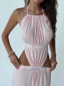 Aloruh Romantic Date Party Pink Medical Patchwork Backless Sexy Extra Long Mesh Women Dress - Baby Pink - View 4