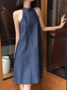 SHEIN Unity 女式蓝色假日休闲夏季牛仔连衣裙，宽松挂脖无袖牛仔 A 字裙 - 藍色 - 查看 3