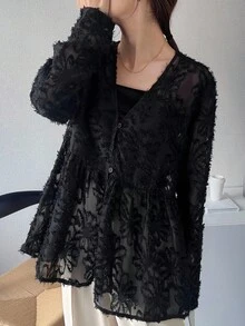 FRIFUL Áo khoác vest không tay dáng rộng cổ chữ V chất liệu vải kết cấu cho nữ, áo kimono ren đen, váy đen, áo choàng ren đen, váy choàng đen, áo cánh ren đen, váy đen, áo choàng ren, áo khoác nữ - màu đen - Xem 6