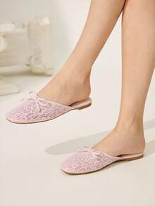 CUCCOO CHICEST Sandale plate cu vârf pătrat, din material PU, cu toc de 1 cm, roz, cu fundă țesută, la modă și confortabile, potrivite pentru vacanță