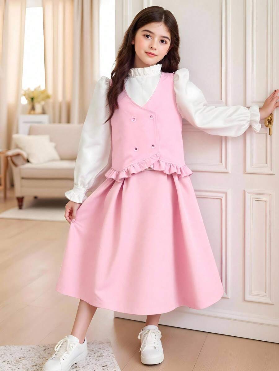 SHEIN Sparklyn 2pcs Girls' Pink Sweet School Style 2 In 1 Long Sleeve Shirt, Vest And Skirt Set, Suitable For School, Casual Outings, And Party Occasions Fall Winter - Multicolor - View 1