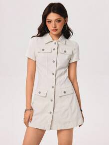 SHEIN EZwear Women's Solid Color Simple Short Sleeve Denim Dress - Apricot - View 3