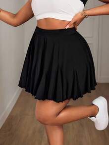 SHEIN PETITE CURVE 大码黑色休闲宽松 A 字裙，时尚，黑色荷叶边裙，短裤 - 黑色 - 查看 6